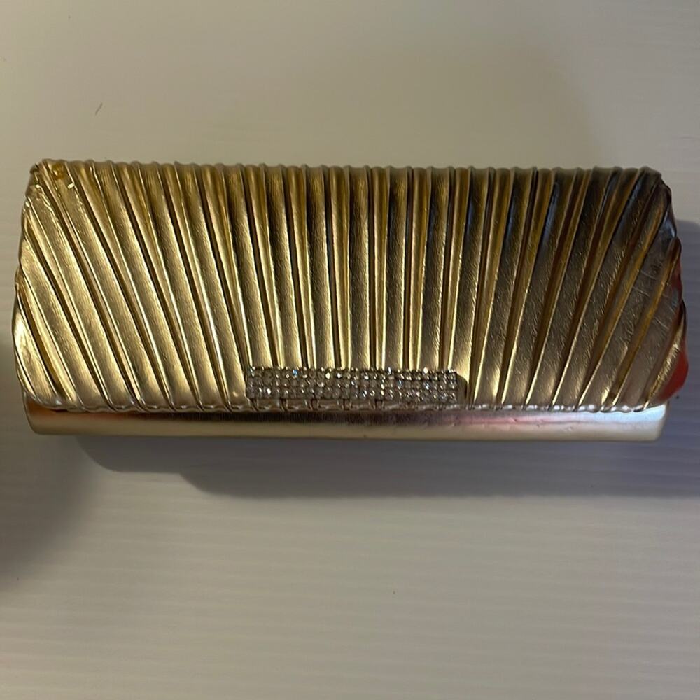 Gold pleated rectangular crystal encrusted fold over clutch evening bag